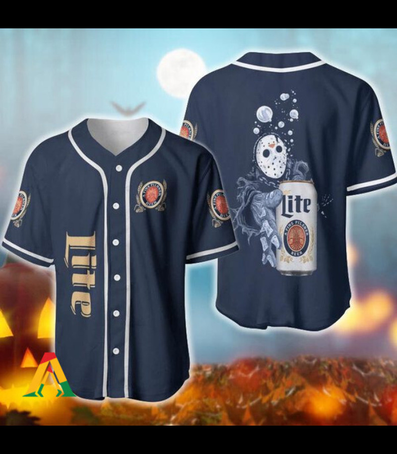 Jason Voorhees Underwater Holding Miller Lite Beer Baseball Jersey