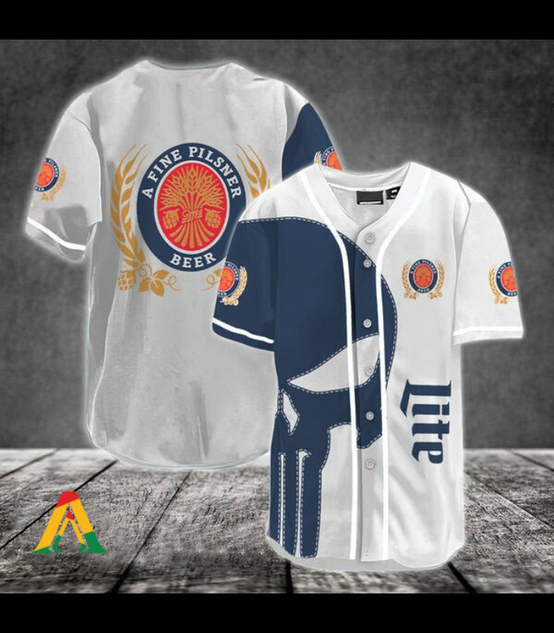 Miller Lite Baseball Jersey Navy Skull A Fine Pilsner Beer