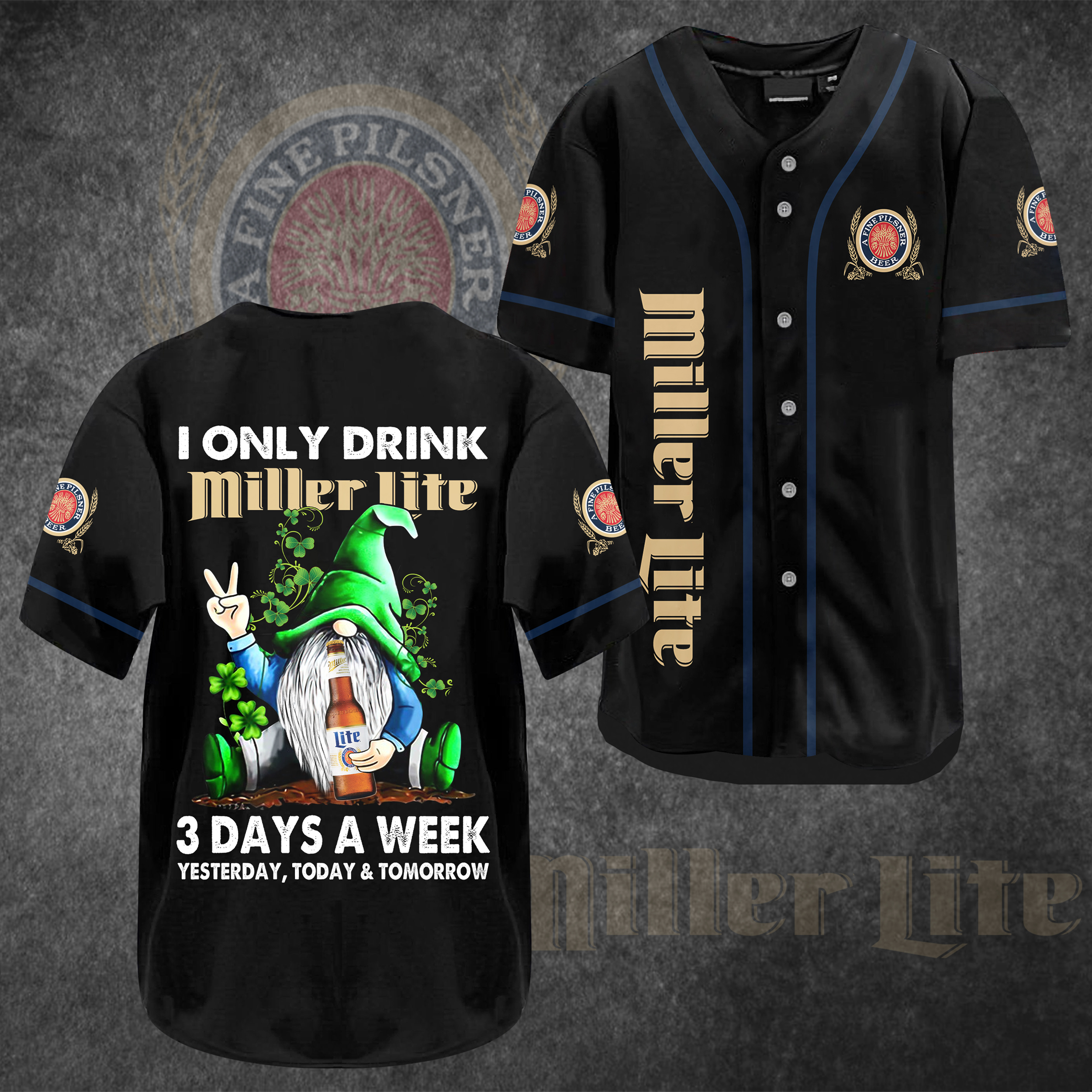 Funny Gnome Drinking 3 Days A Week Miller Lite Beer Baseball Jersey