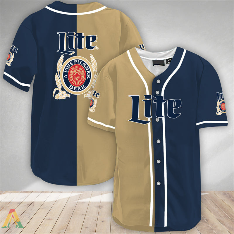 Miller Lite Baseball Jersey Beige And Navy Split A Fine Pilsner Beer