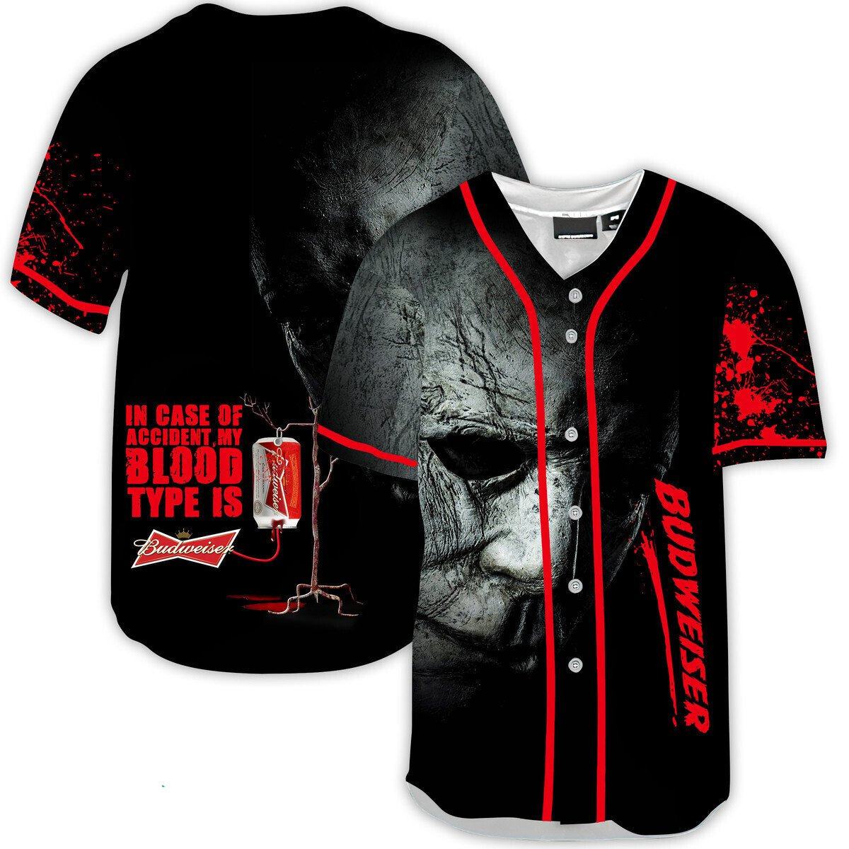 Michael Myers In Case Of Accident My Blood Type Is Budweiser Baseball Jersey