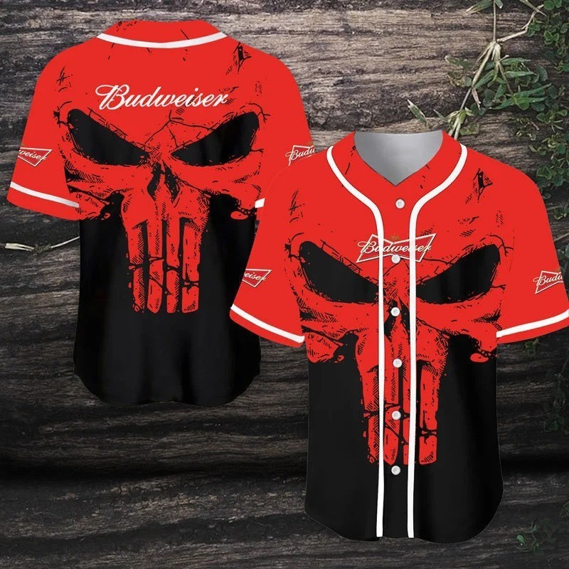 Budweiser Baseball Jersey Crazy Red Skull Beer Lovers Gift