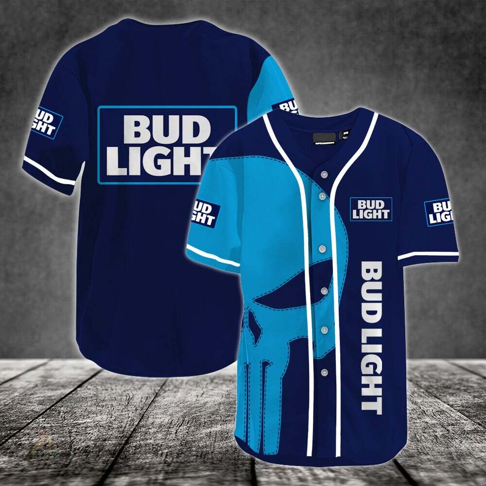 Bud Light Beer Baseball Jersey Giant Light Blue Punisher Skull