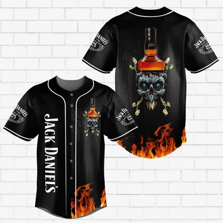 Jack Daniels Baseball Jersey Whiskey Skull On Fire Baseball Fans Gift