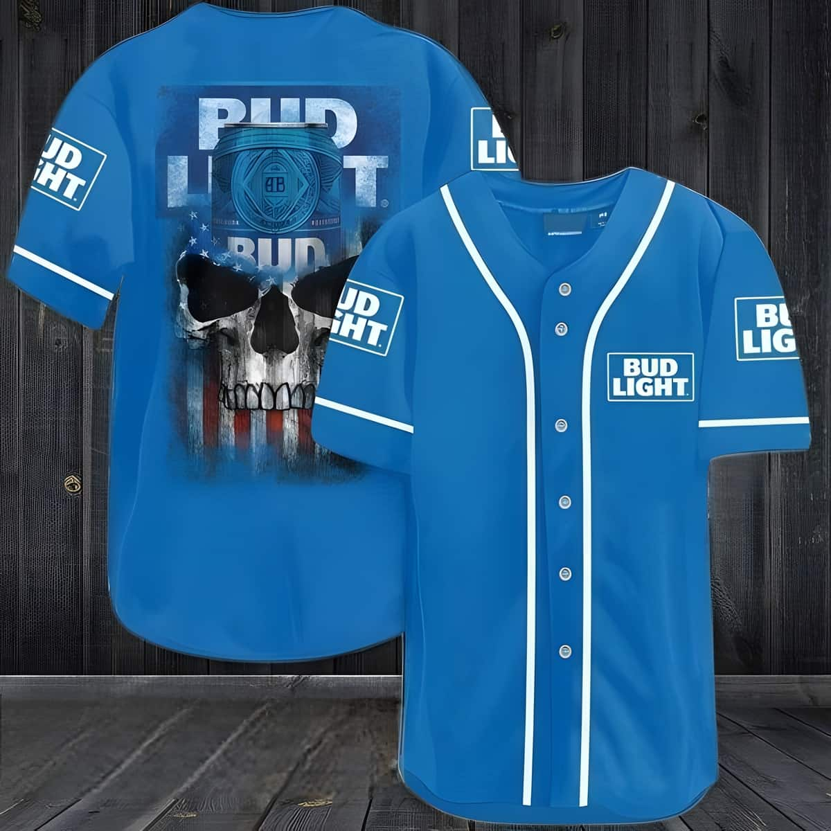 Bud Light Baseball Jersey US Flag Black Skull Beer Lovers Gift