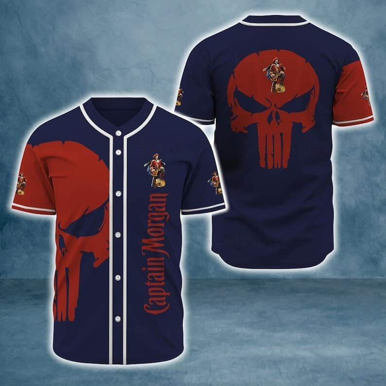 Navy Captain Morgan Rum Baseball Jersey Ghost Head Red Skull