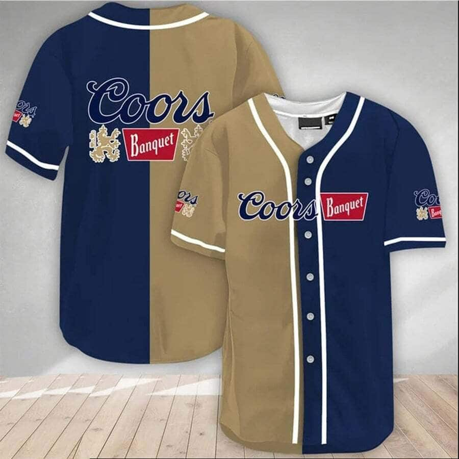 Navy And Tan Split Coors Banquet Beer Baseball Jersey