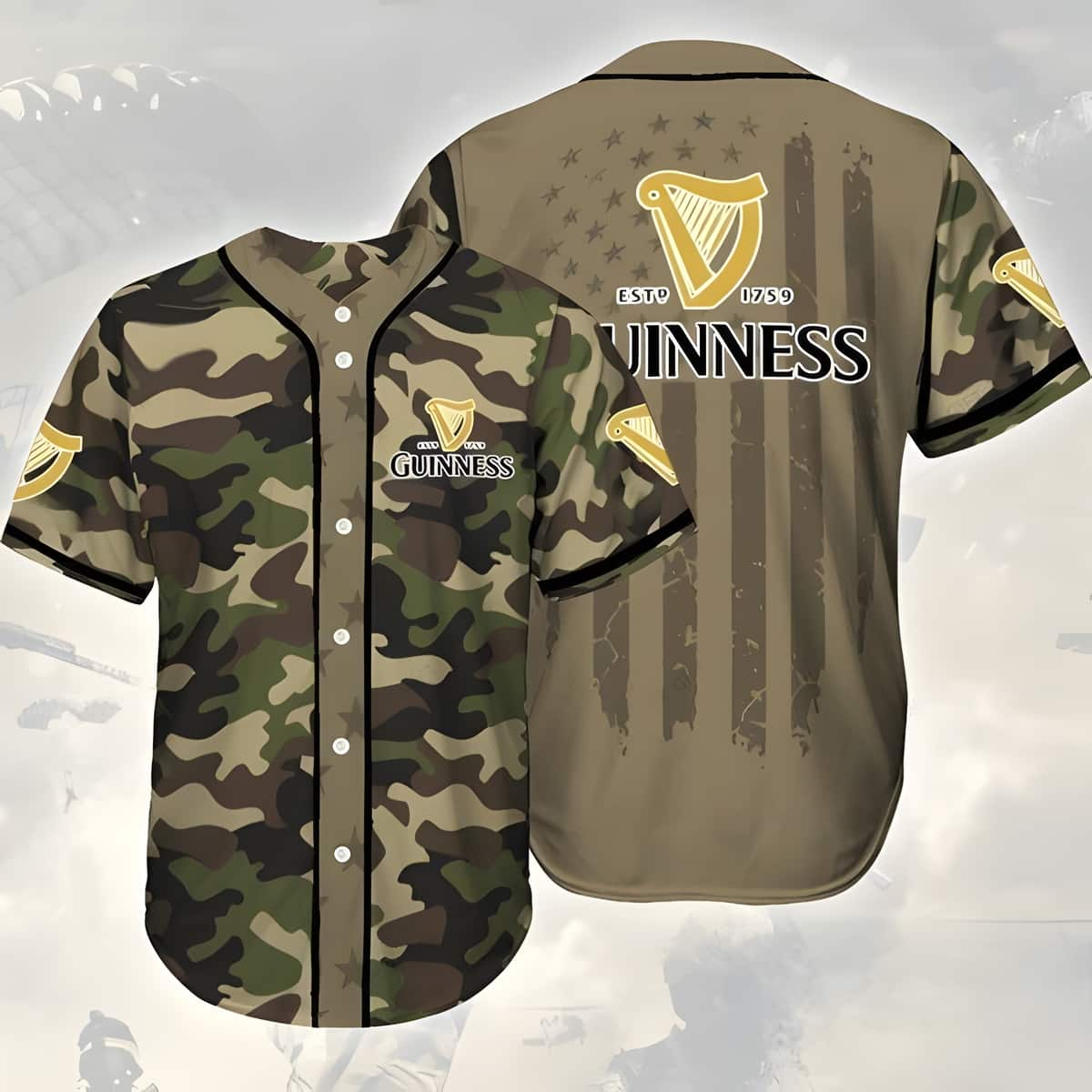 Guinness Baseball Jersey Green And Brown Camouflage Pattern Gift For Beer Drinkers