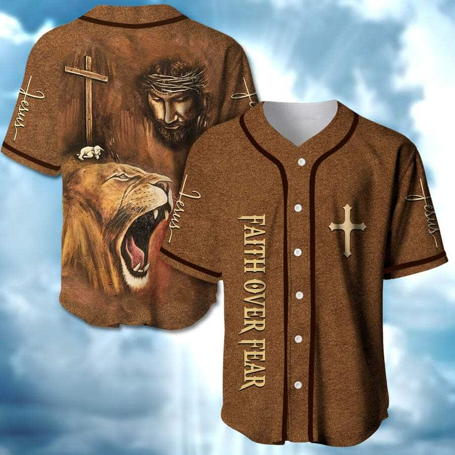 Jesus And Lion Baseball Jersey Faith Over Fear Christian Gift For Friends