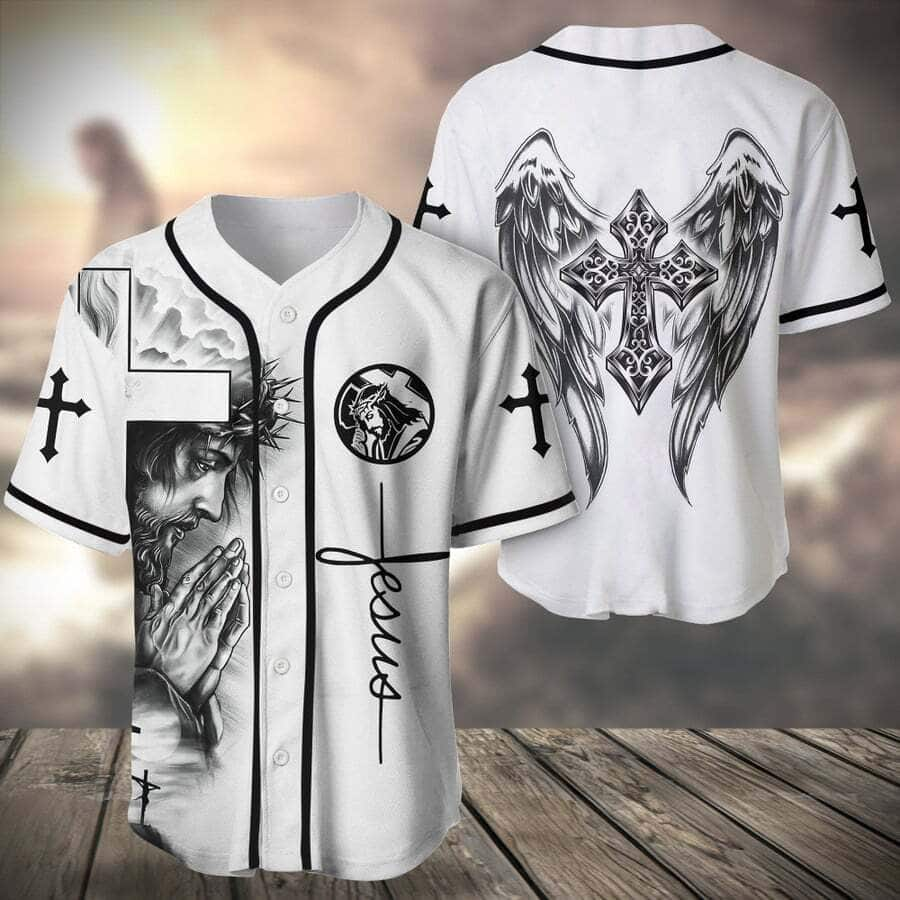 White Jesus Baseball Jersey Cross Angel Wings Pattern