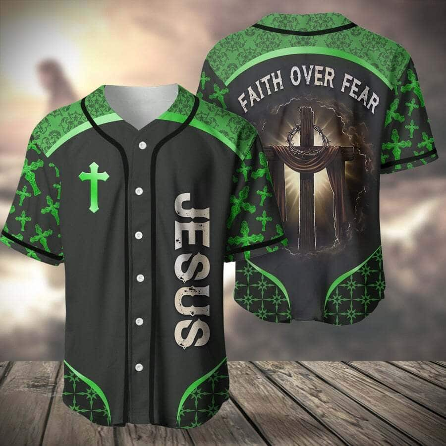 Green Jesus Baseball Jersey Faith Over Fear Christian Gift For Dad