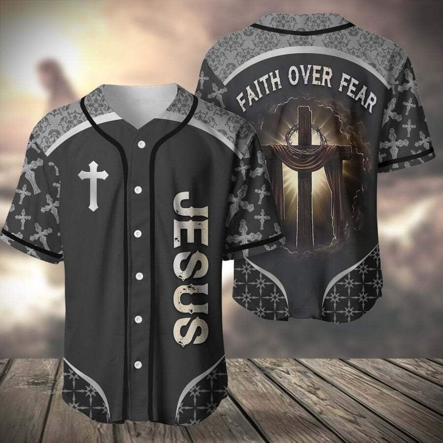 Grey Jesus Baseball Jersey Faith Over Fear Christian Gift For Friends