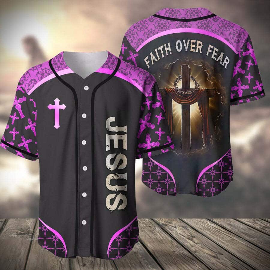 Purple Jesus Baseball Jersey Faith Over Fear Christian Gift For Men