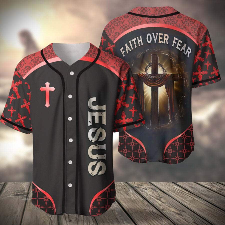 Red Jesus Baseball Jersey Faith Over Fear Christian Gift For Friends