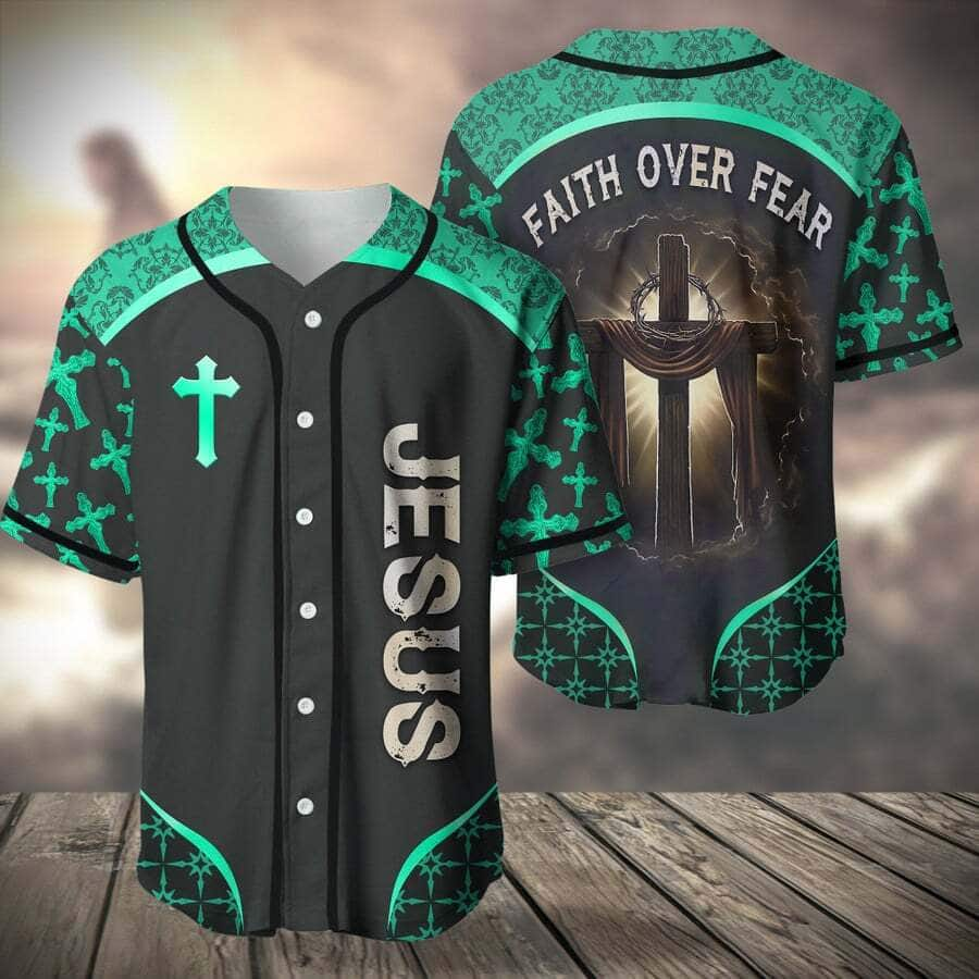 Teal Jesus Baseball Jersey Faith Over Fear Christian Gift For Men