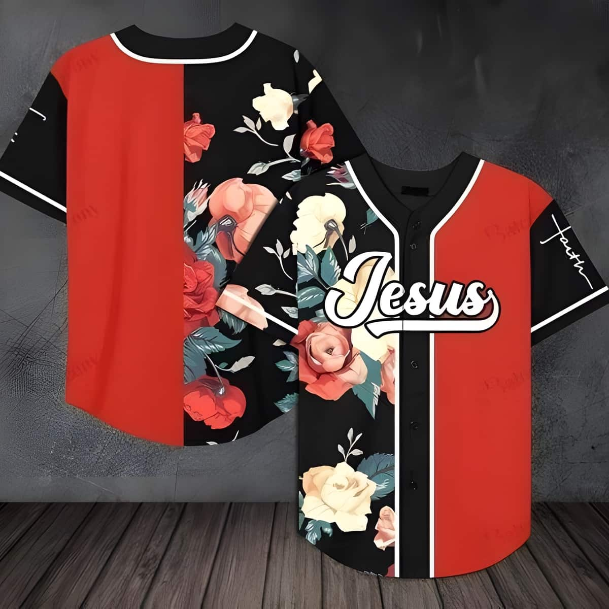 Jesus Baseball Jersey Rose Pattern Blend Red Color Christian Gift For Friends