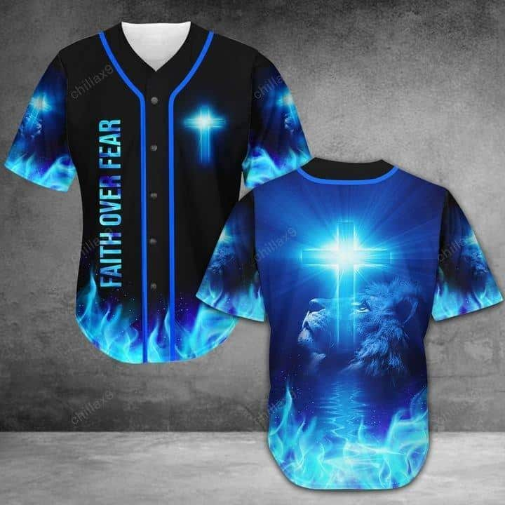 Jesus Baseball Jersey Faith Over Fear Lion Blue Light Christian Gift For Men