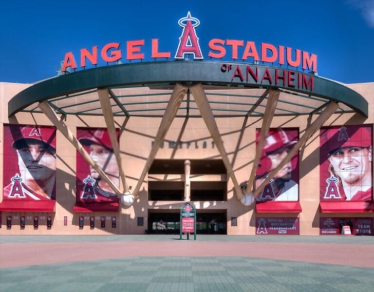 Anaheim Angel Stadium baseball with big A taken from outside Anaheim Angel Stadium baseball with big A taken from outside
