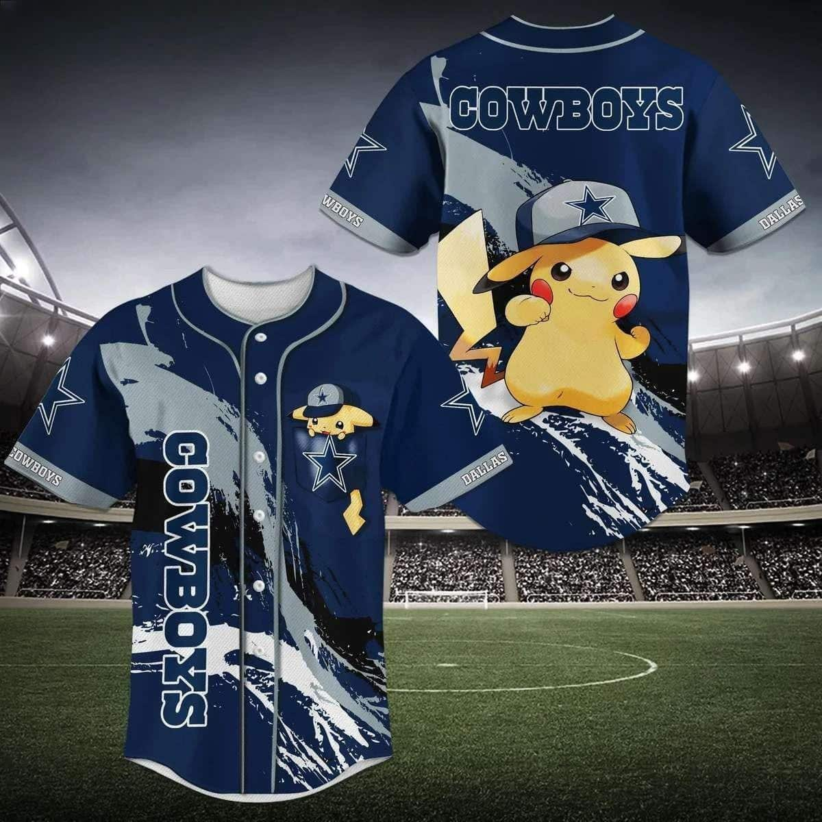 Pikachu Wearing A Hat Dallas Cowboys Baseball Jersey Gift For Football Fans