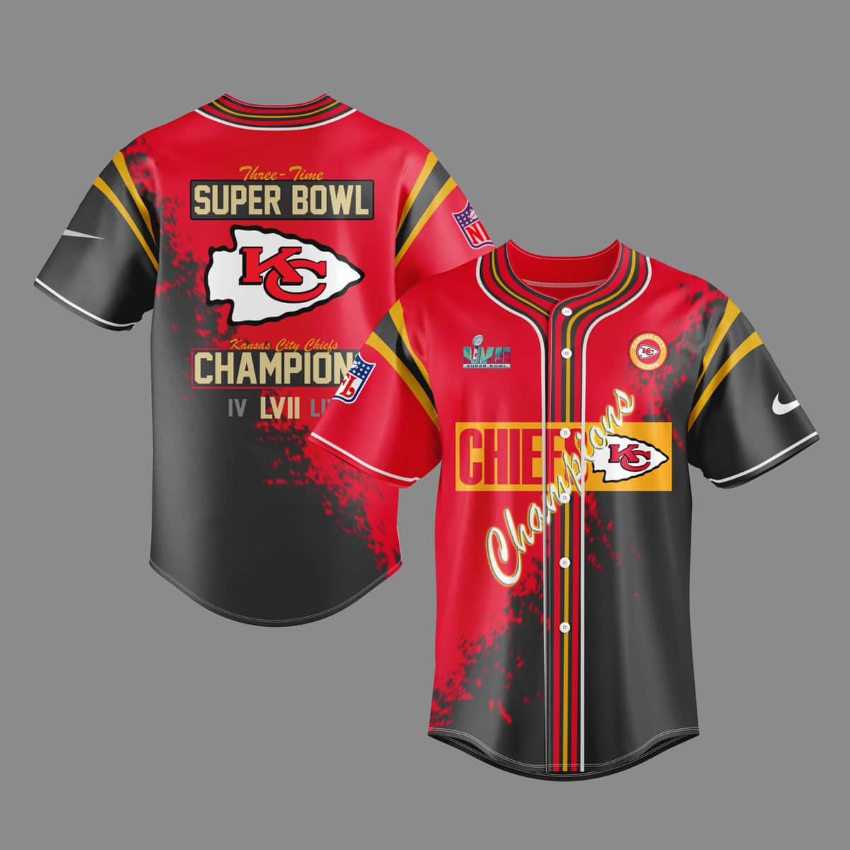 Three-Time Kansas City Chiefs Baseball Jersey Super Bowl Champions