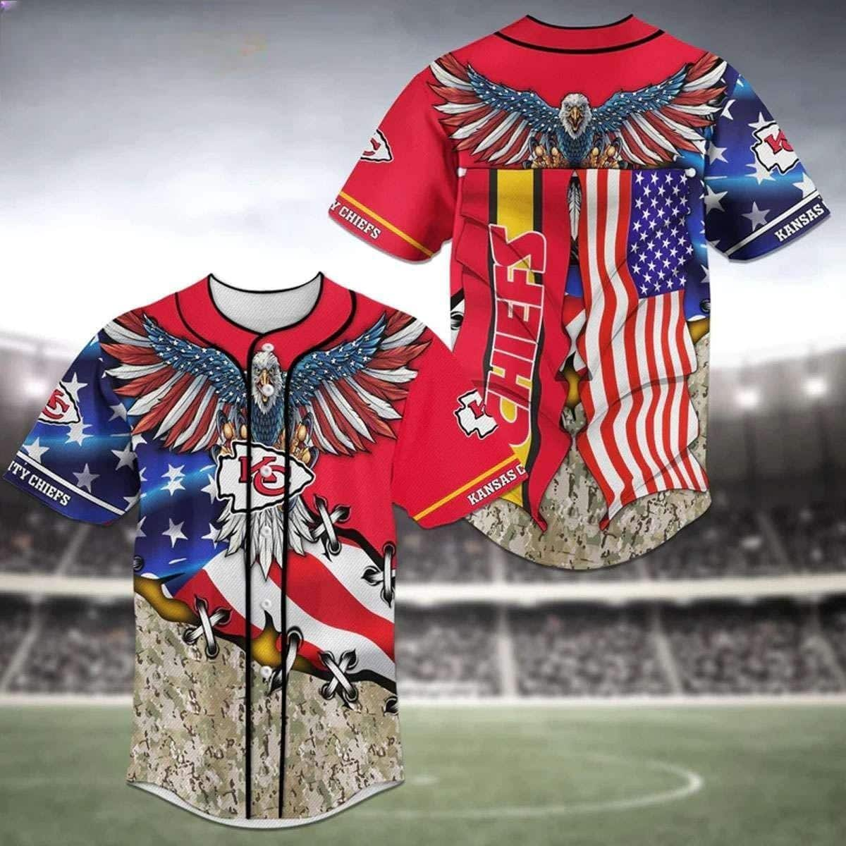 NFL Kansas City Chiefs Baseball Jersey Eagle American Flag Sports Gift For Him