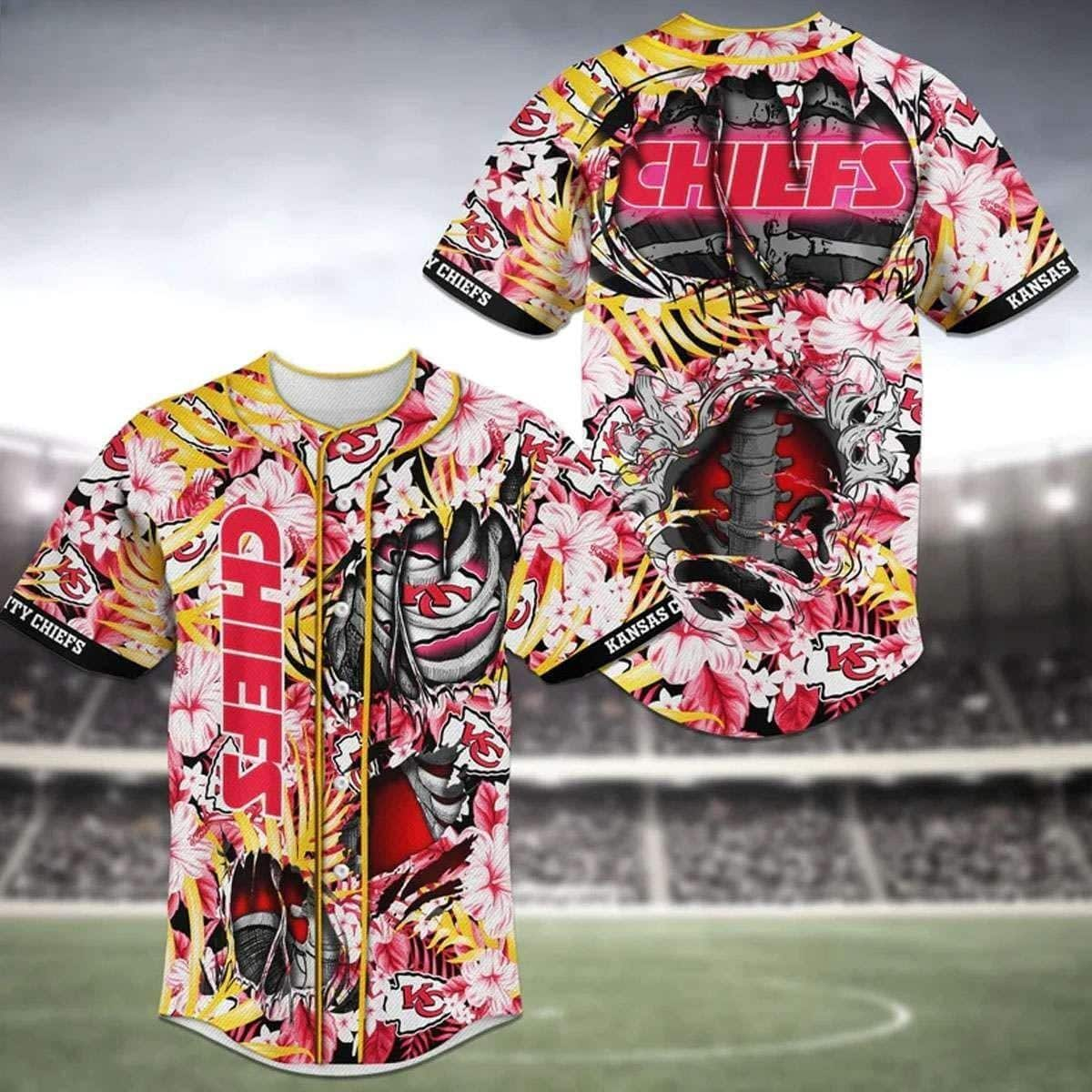 Kansas City Chiefs NFL Baseball Jersey Skeleton And Tropical Flower Pattern