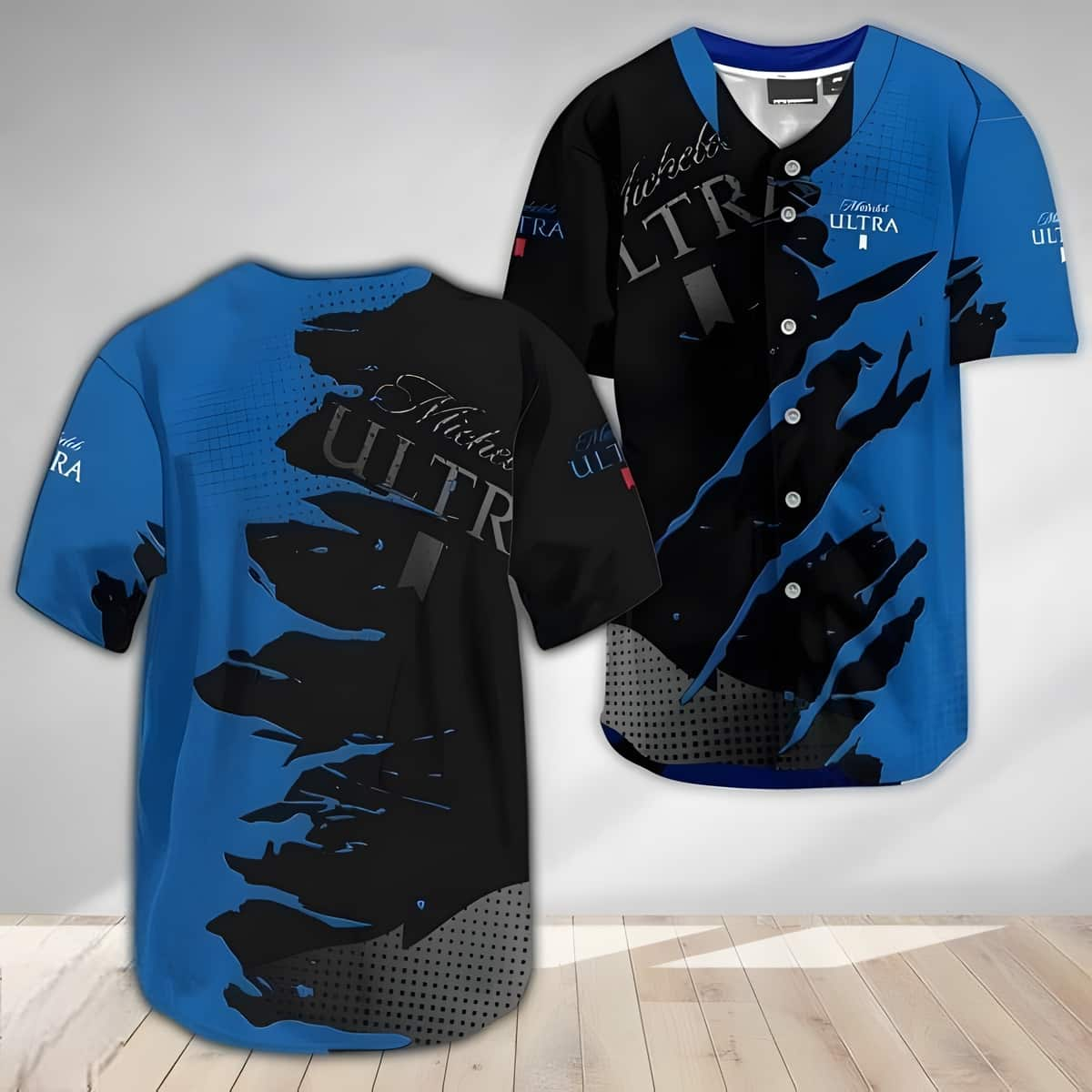 Blue Michelob ULTRA Beer Baseball Jersey Black Metal Crack Pattern