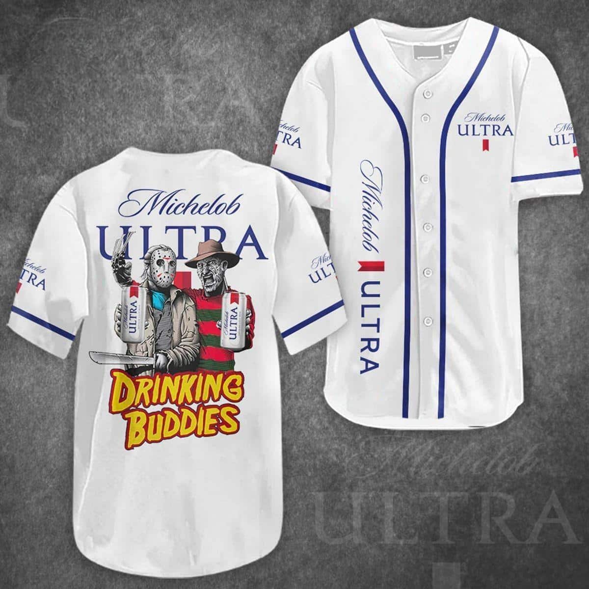 Jason Voorhees And Freddy Krueger Michelob ULTRA Baseball Jersey Drinking Buddies Jason Voorhees And Freddy Krueger Michelob ULTRA Baseball Jersey Drinking Buddies