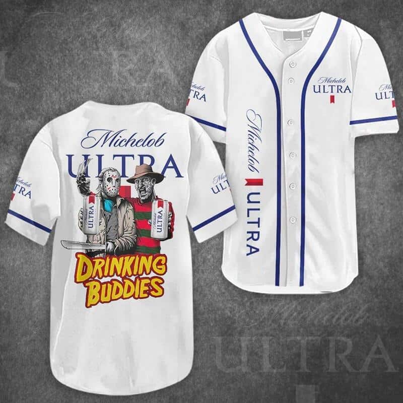 Jason Voorhees And Freddy Krueger Michelob ULTRA Baseball Jersey Drinking Buddies Jason Voorhees And Freddy Krueger Michelob ULTRA Baseball Jersey Drinking Buddies