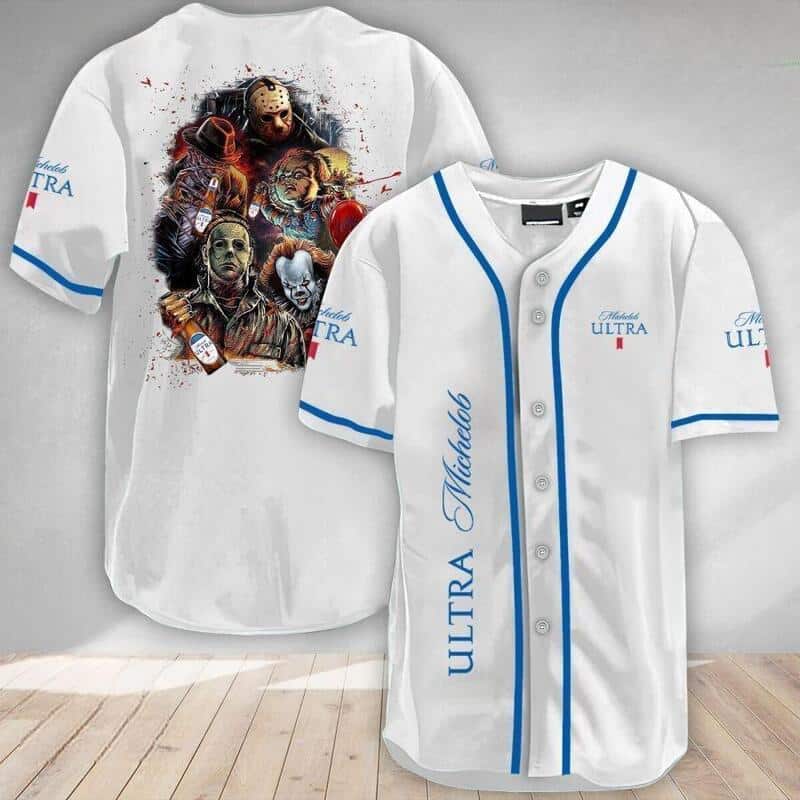 White Michelob ULTRA Beer Baseball Jersey Halloween Horror Characters White Michelob ULTRA Beer Baseball Jersey Halloween Horror Characters