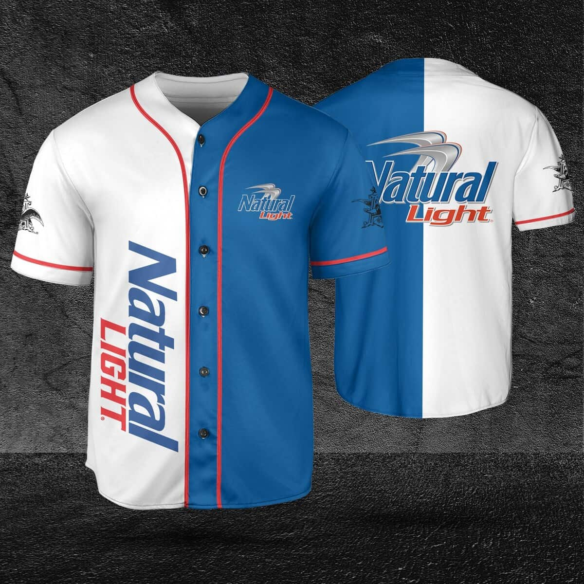 Classic White And Blue Split Natural Light Beer Baseball Jersey