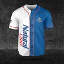 Classic White And Blue Split Natural Light Beer Baseball Jersey Classic White And Blue Split Natural Light Beer Baseball Jersey