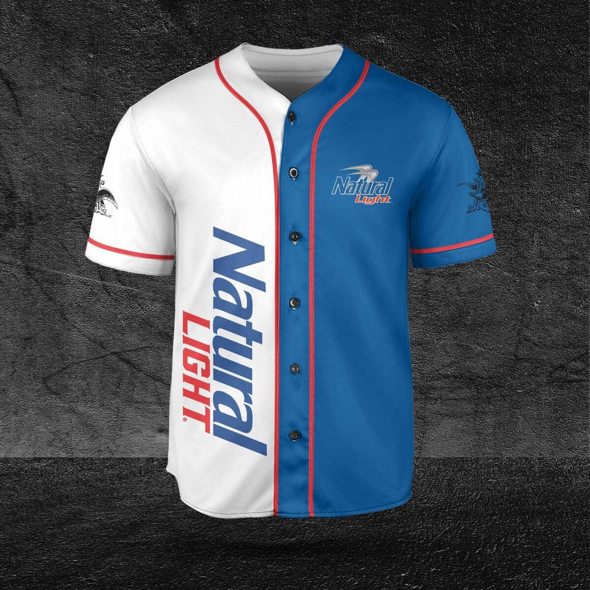 Classic White And Blue Split Natural Light Beer Baseball Jersey Classic White And Blue Split Natural Light Beer Baseball Jersey
