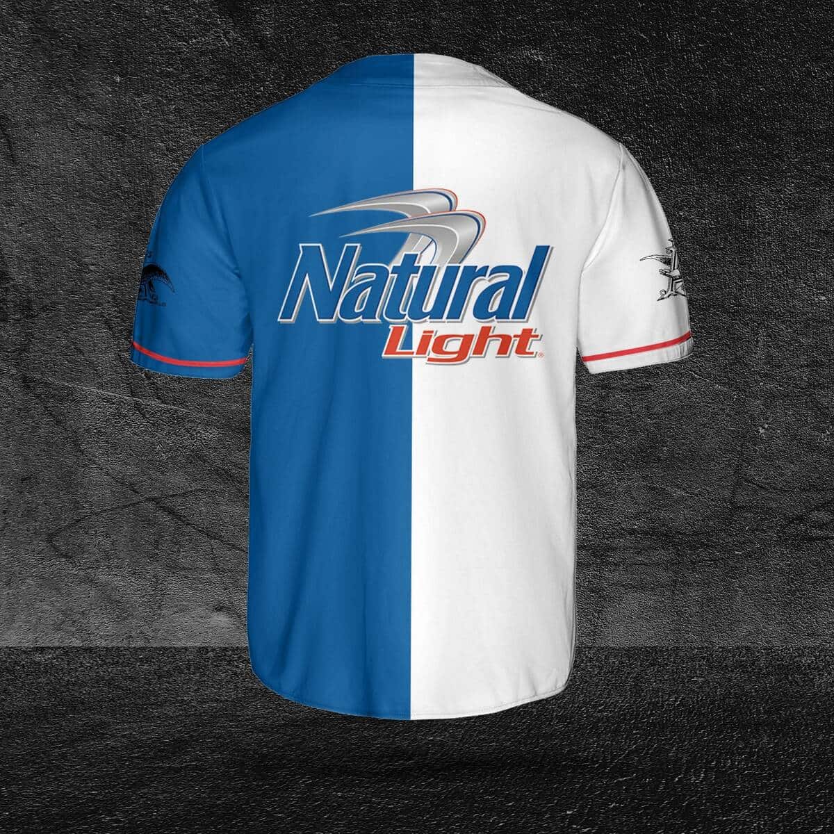 Classic White And Blue Split Natural Light Beer Baseball Jersey Classic White And Blue Split Natural Light Beer Baseball Jersey