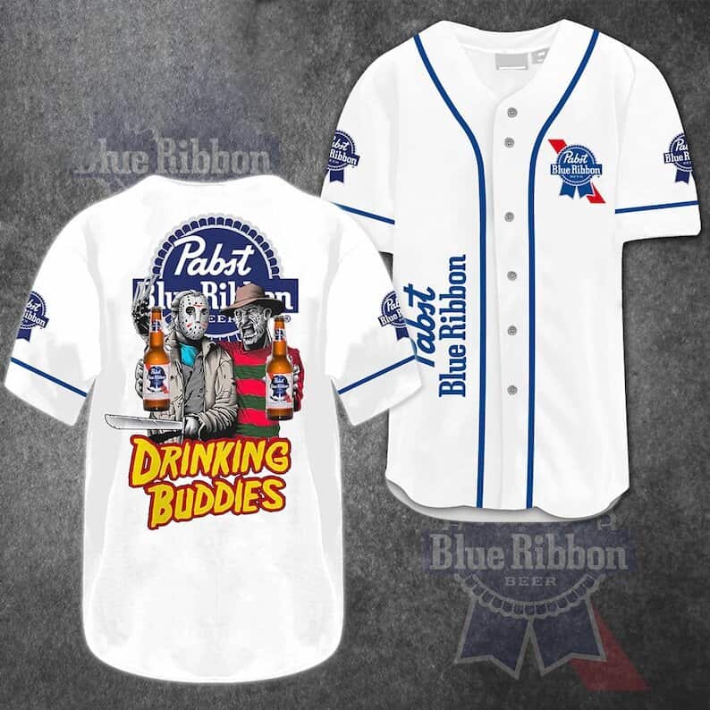 Jason Voorhees And Freddy Krueger Drinking Buddies Pabst Blue Ribbon Beer Baseball Jersey Jason Voorhees And Freddy Krueger Drinking Buddies Pabst Blue Ribbon Beer Baseball Jersey