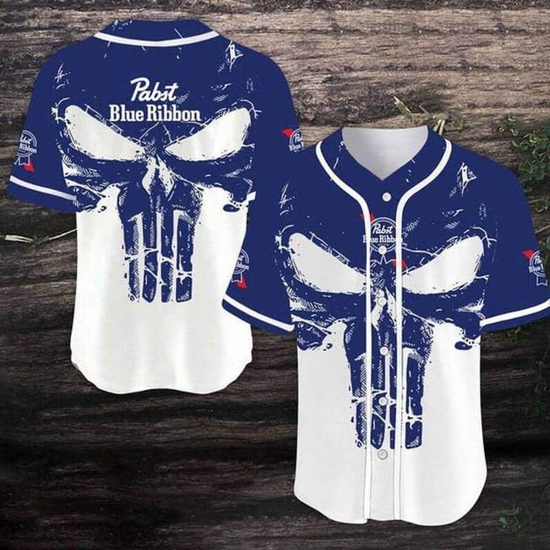 Pabst Blue Ribbon Beer Baseball Jersey Blue Retro Skull Pabst Blue Ribbon Beer Baseball Jersey Blue Retro Skull