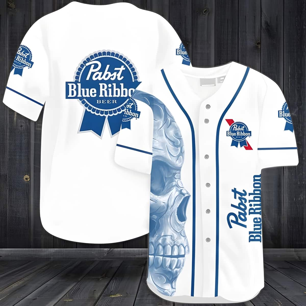 Vintage White Skull Pabst Blue Ribbon Beer Baseball Jersey