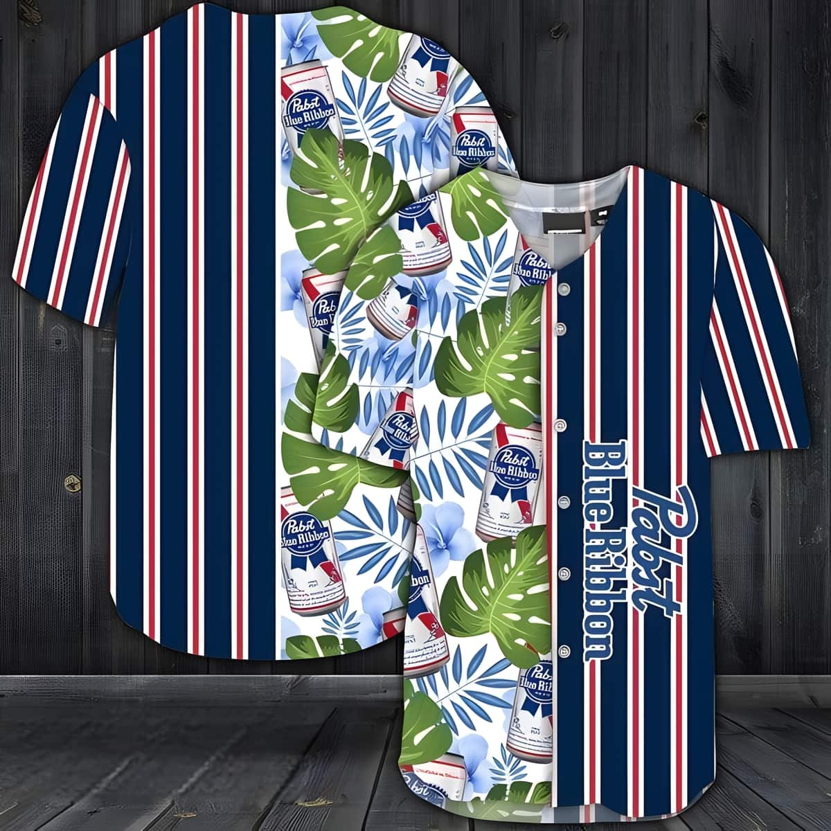 Pabst Blue Ribbon Beer Baseball Jersey Striped And Palm Leaves Pattern