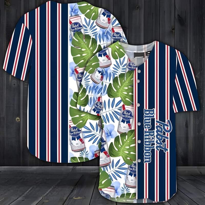 Pabst Blue Ribbon Beer Baseball Jersey Striped And Palm Leaves Pattern Pabst Blue Ribbon Beer Baseball Jersey Striped And Palm Leaves Pattern