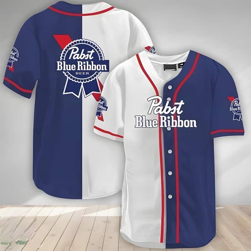 White And Blue Split Pabst Blue Ribbon Baseball Jersey Gift For Beer Lovers White And Blue Split Pabst Blue Ribbon Baseball Jersey Gift For Beer Lovers