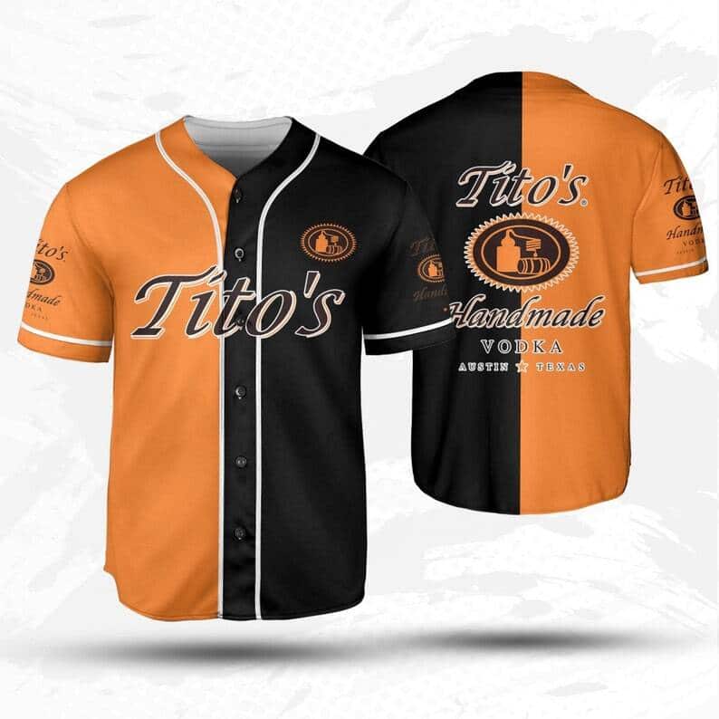 Orange And Black Split Tito's Baseball Jersey Sports Gift For Him Orange And Black Split Tito's Baseball Jersey Sports Gift For Him