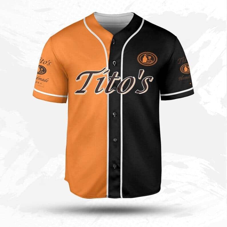 Orange And Black Split Tito's Baseball Jersey Sports Gift For Him Orange And Black Split Tito's Baseball Jersey Sports Gift For Him