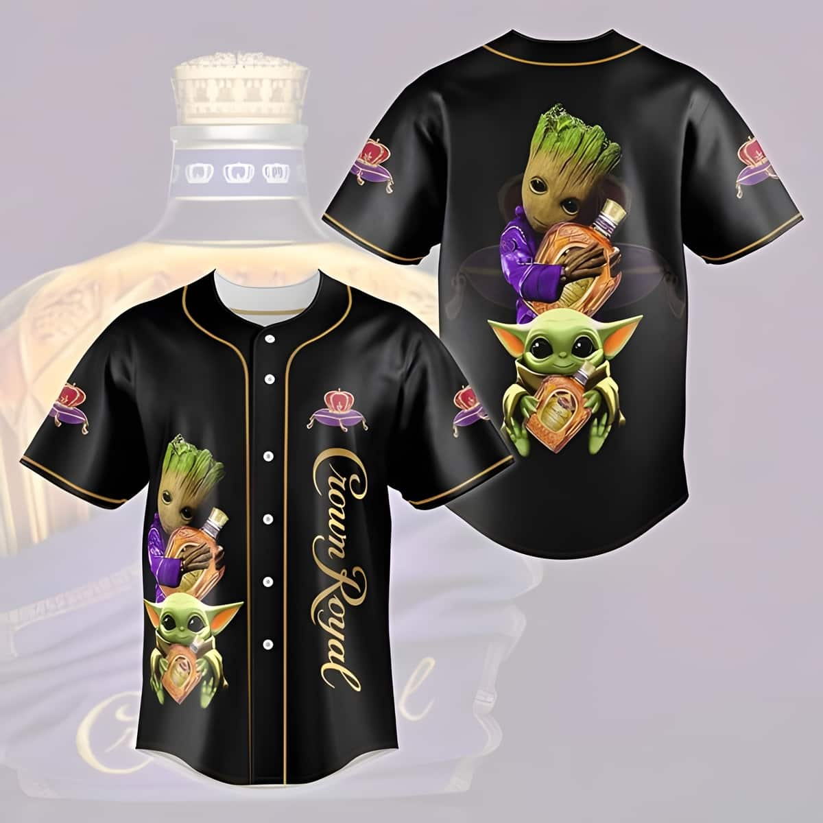 Groot And Baby Yoda Crown Royal Baseball Jersey Gift For Best Friend