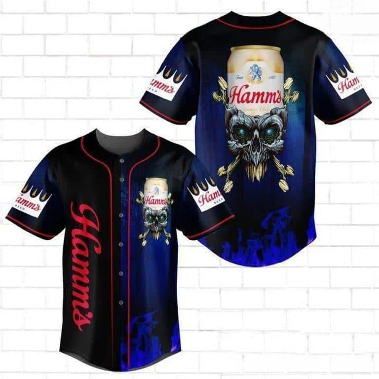 Hamm’s Beer Skull Baseball Jersey Blue Fire Pattern Gift For Sport Dad