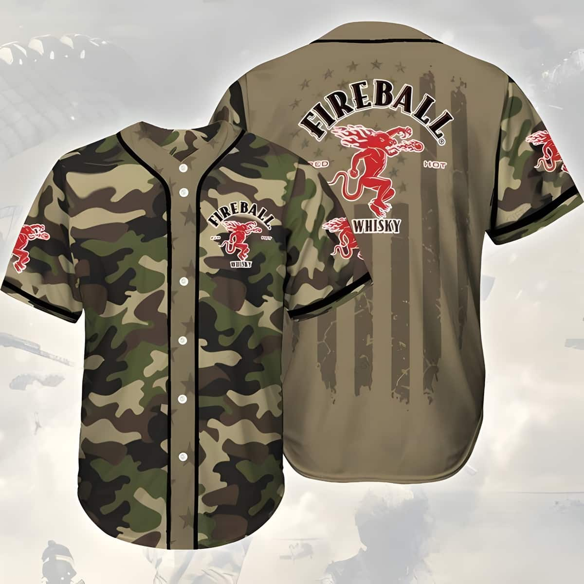 Camouflage Green Brown Fireball Baseball Jersey Gift For Whisky Lovers