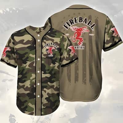 Camouflage Green Brown Fireball Baseball Jersey Gift For Whisky Lovers Camouflage Green Brown Fireball Baseball Jersey Gift For Whisky Lovers