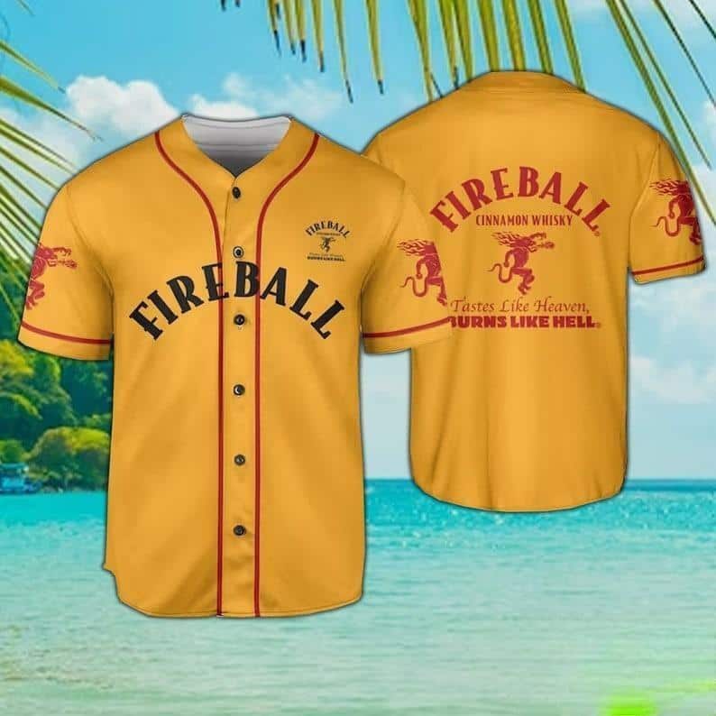 Yellow Fireball Cinnamon Whisky Baseball Jersey Tastes Like Heaven Burns Like Hell Yellow Fireball Cinnamon Whisky Baseball Jersey Tastes Like Heaven Burns Like Hell