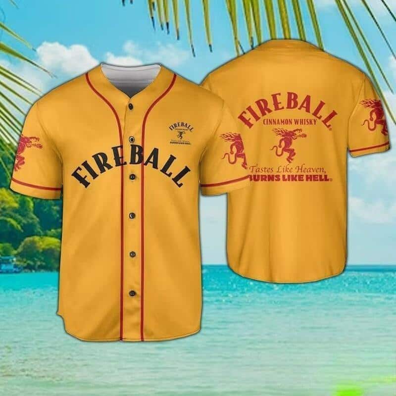 Yellow Fireball Cinnamon Whisky Baseball Jersey Tastes Like Heaven Burns Like Hell Yellow Fireball Cinnamon Whisky Baseball Jersey Tastes Like Heaven Burns Like Hell