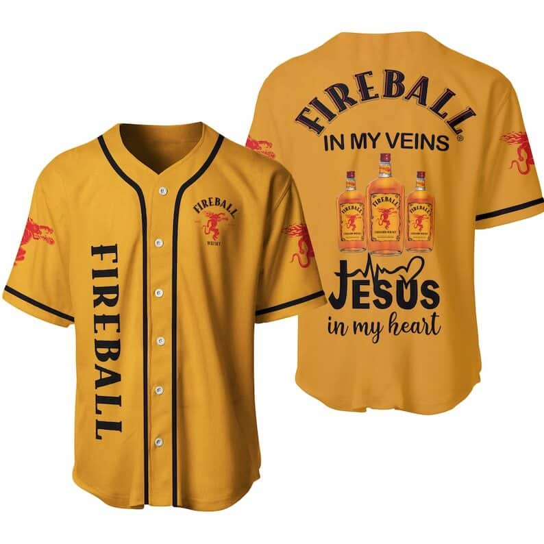 Fireball In My Veins Baseball Jersey Jesus In My Heart Gift For Whisky Lovers