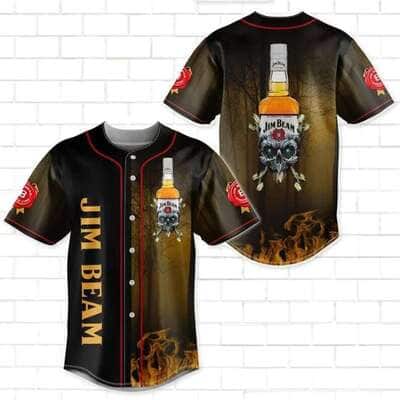 Jim Beam Whiskey Skull Baseball Jersey Fire Pattern Gift For Sport Dad